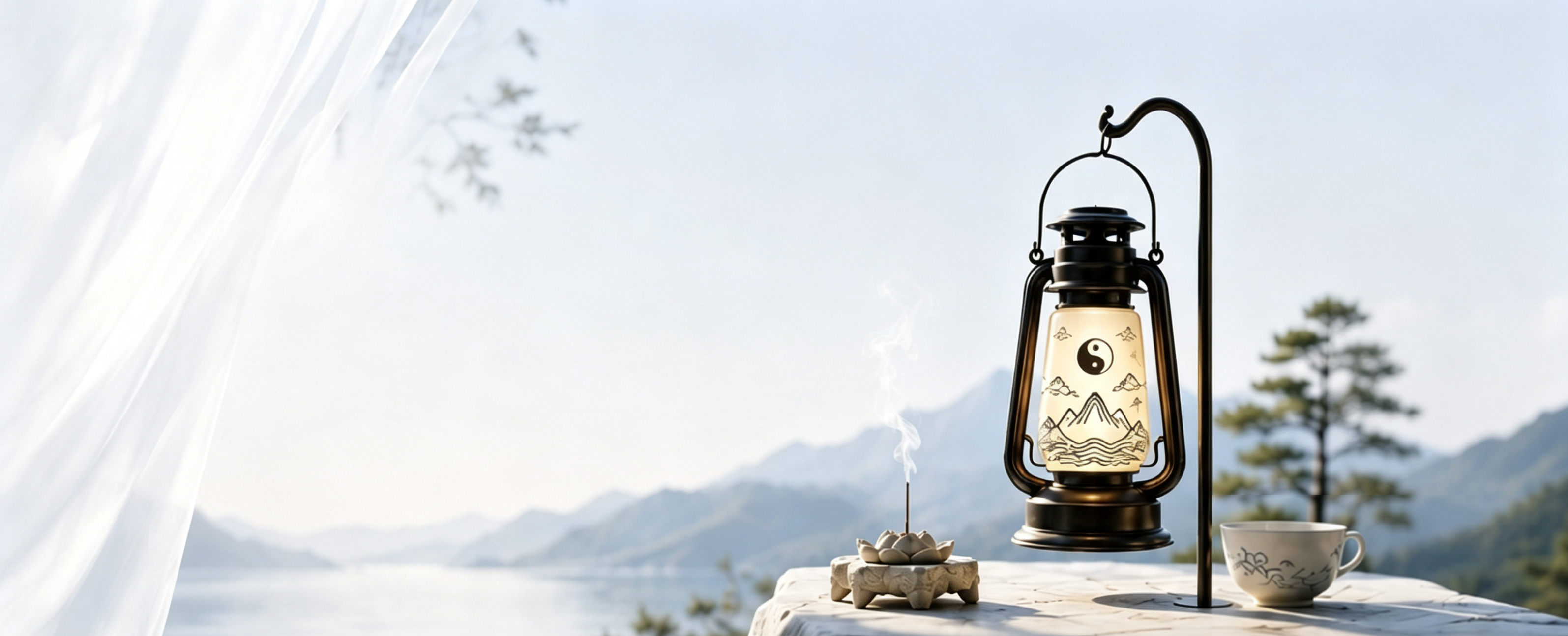 Lantern and vessels near open water — object passage in pale air.